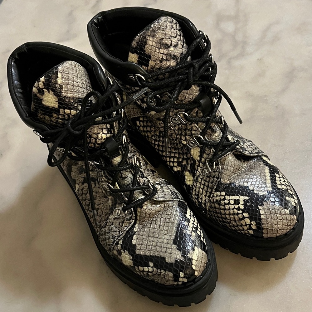 Marc Fisher Leather Snake Print Ankle Platform Combat Boots